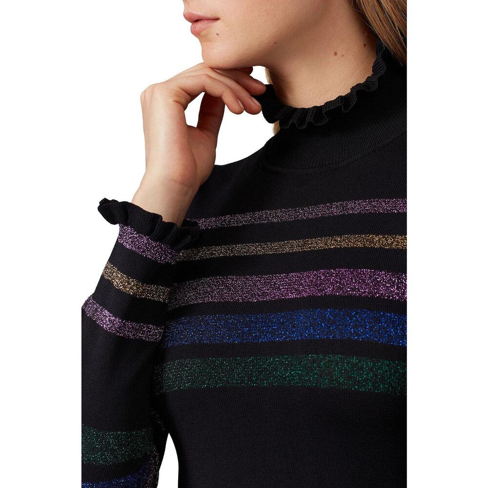 Shoshanna Evette Black Striped Knit Long Sleeve Ruffle Mock Neck Sweater Dress S - Picture 4 of 14